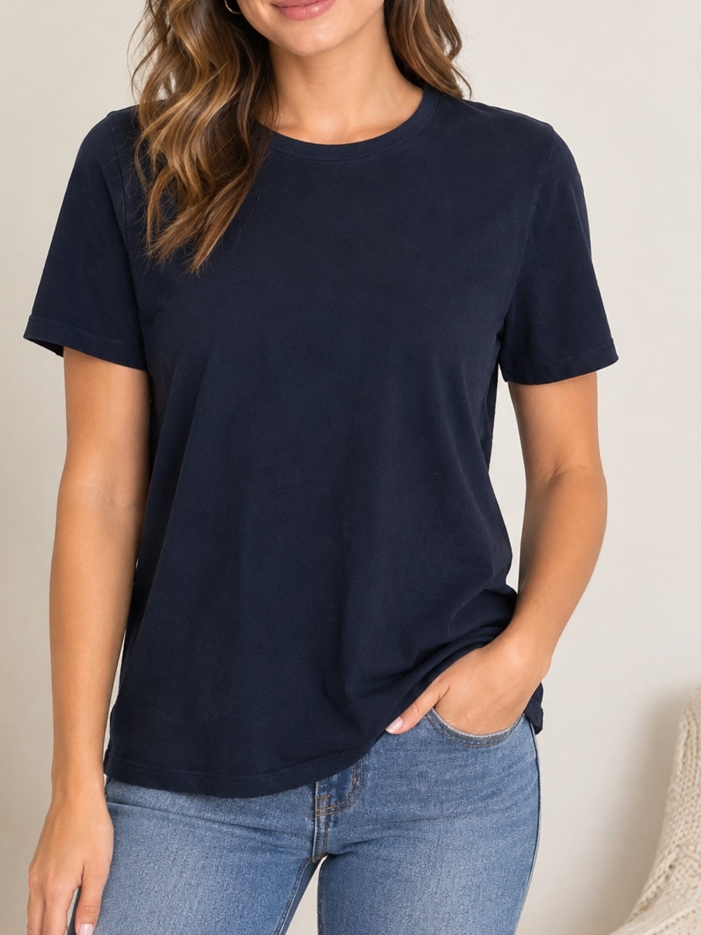 Made in Italy Cotton Classic Women's Navy Crewneck Tee
